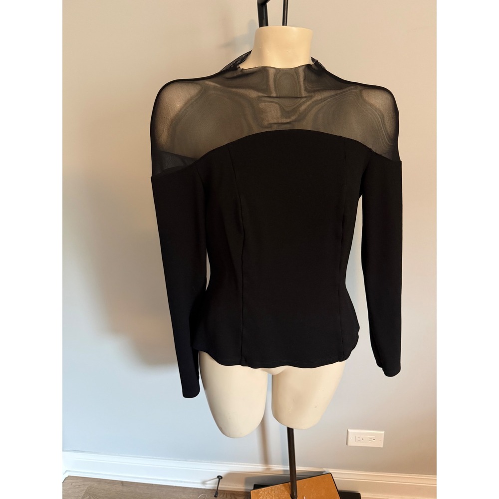 Marcella NYC Black Ponte Mesh Yoke Long Sleeve Top Medium Bulgarian Made